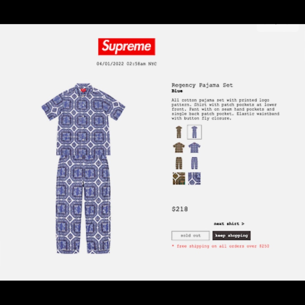 Mens RARE AUTH SUPREME size medium Regency pajamas set never worn